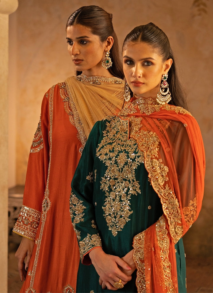 Rust Orange Silk Kurta Pants With Gold Dupatta