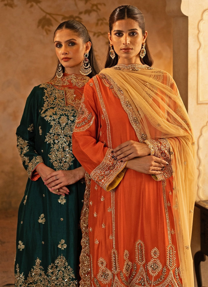 Rust Orange Silk Kurta Pants With Gold Dupatta