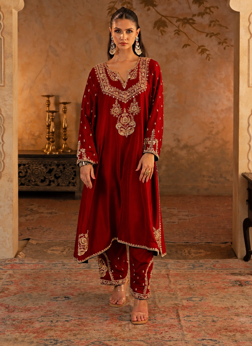 Crimson Red Silk Kurta Pants Set