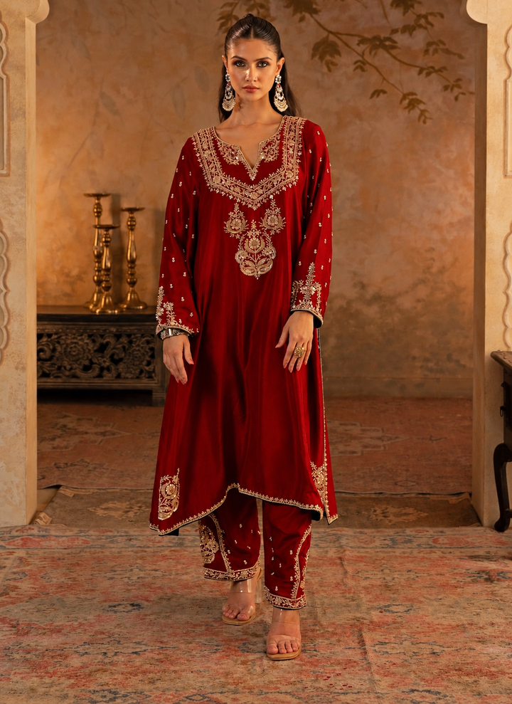 Crimson Red Silk Kurta Pants Set
