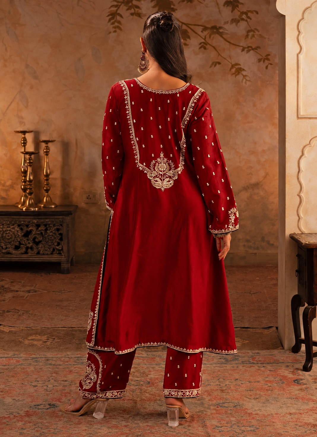 Crimson Red Silk Kurta Pants Set