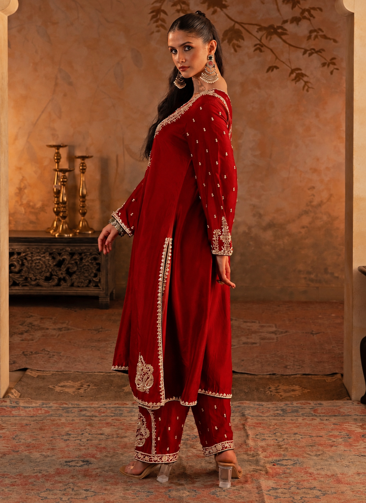Crimson Red Silk Kurta Pants Set