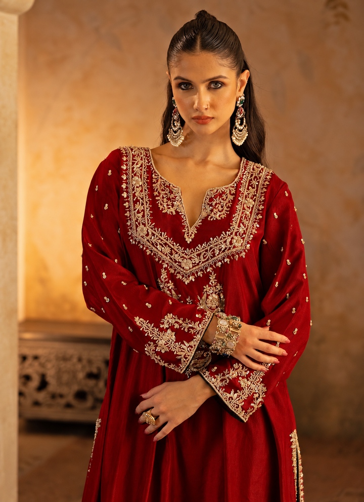 Crimson Red Silk Kurta Pants Set