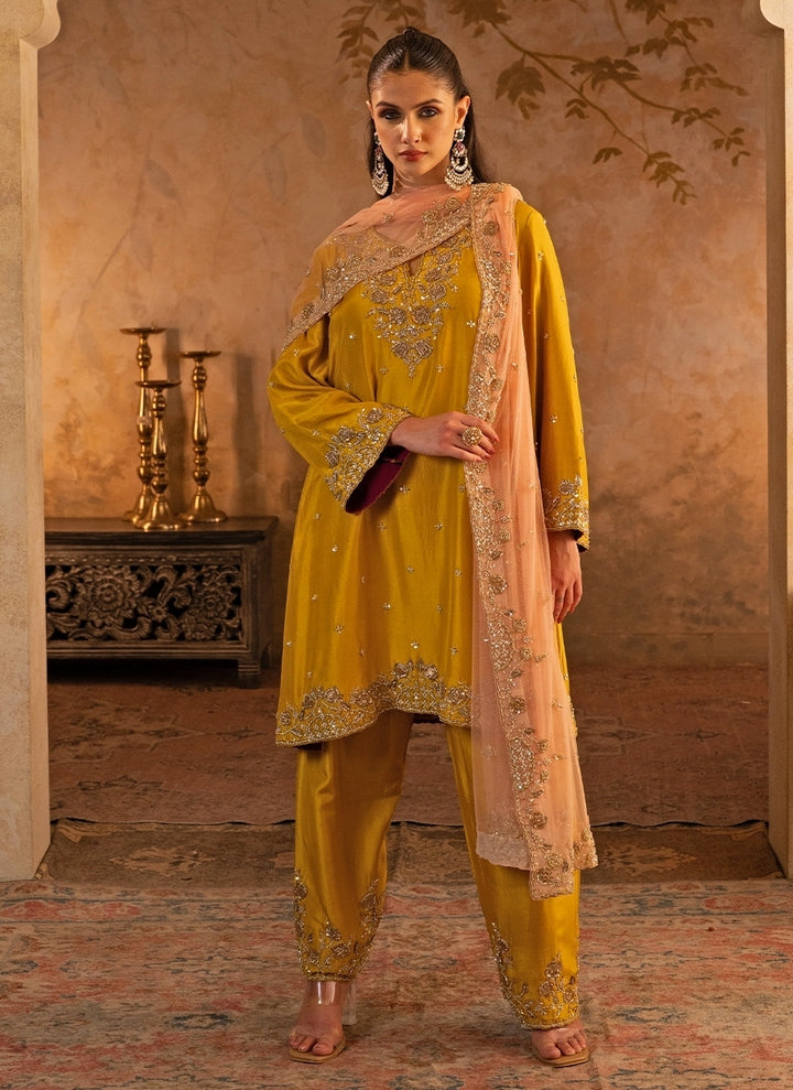 Mustard Yellow Silk Kurta Pants With Peach Dupatta