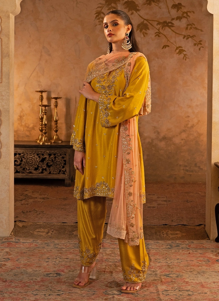 Mustard Yellow Silk Kurta Pants With Peach Dupatta