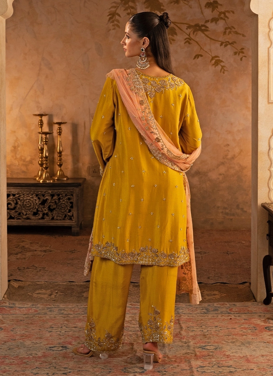 Mustard Yellow Silk Kurta Pants With Peach Dupatta
