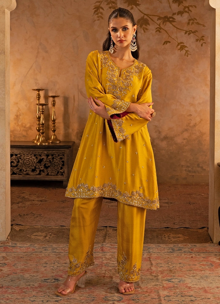 Mustard Yellow Silk Kurta Pants With Peach Dupatta