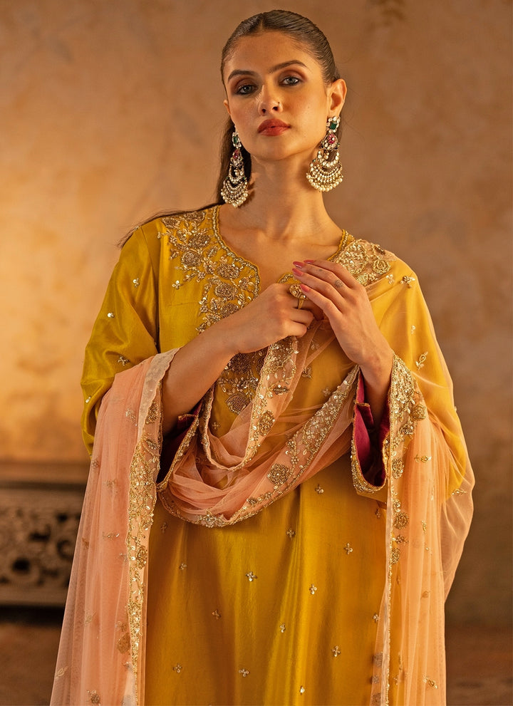 Mustard Yellow Silk Kurta Pants With Peach Dupatta