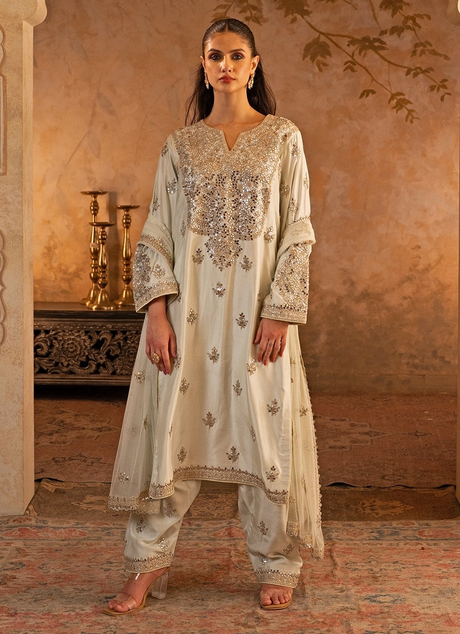 Muted Green Silk Kurta Pants Set