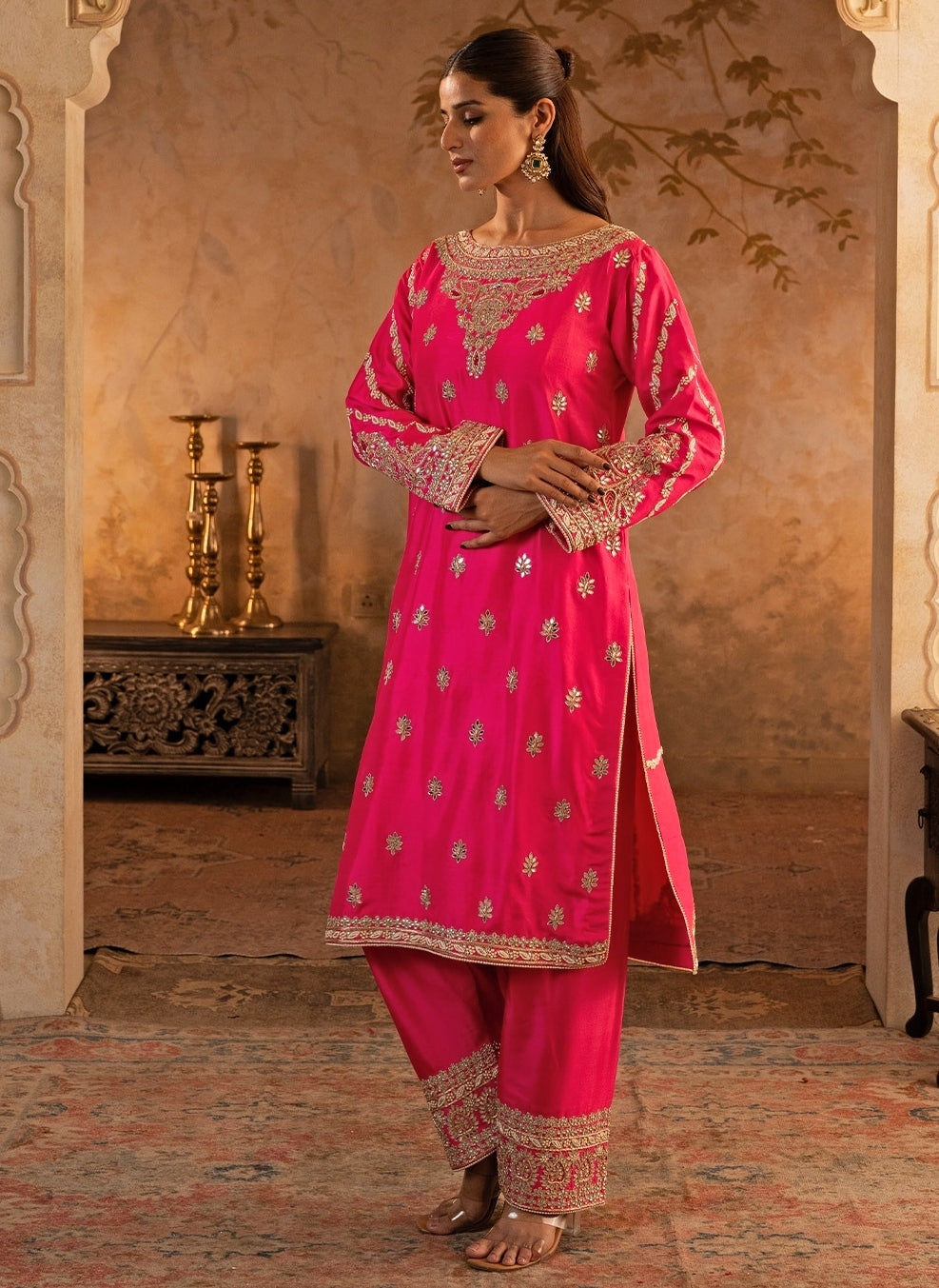 Hot Pink Silk Kurta Pants Set