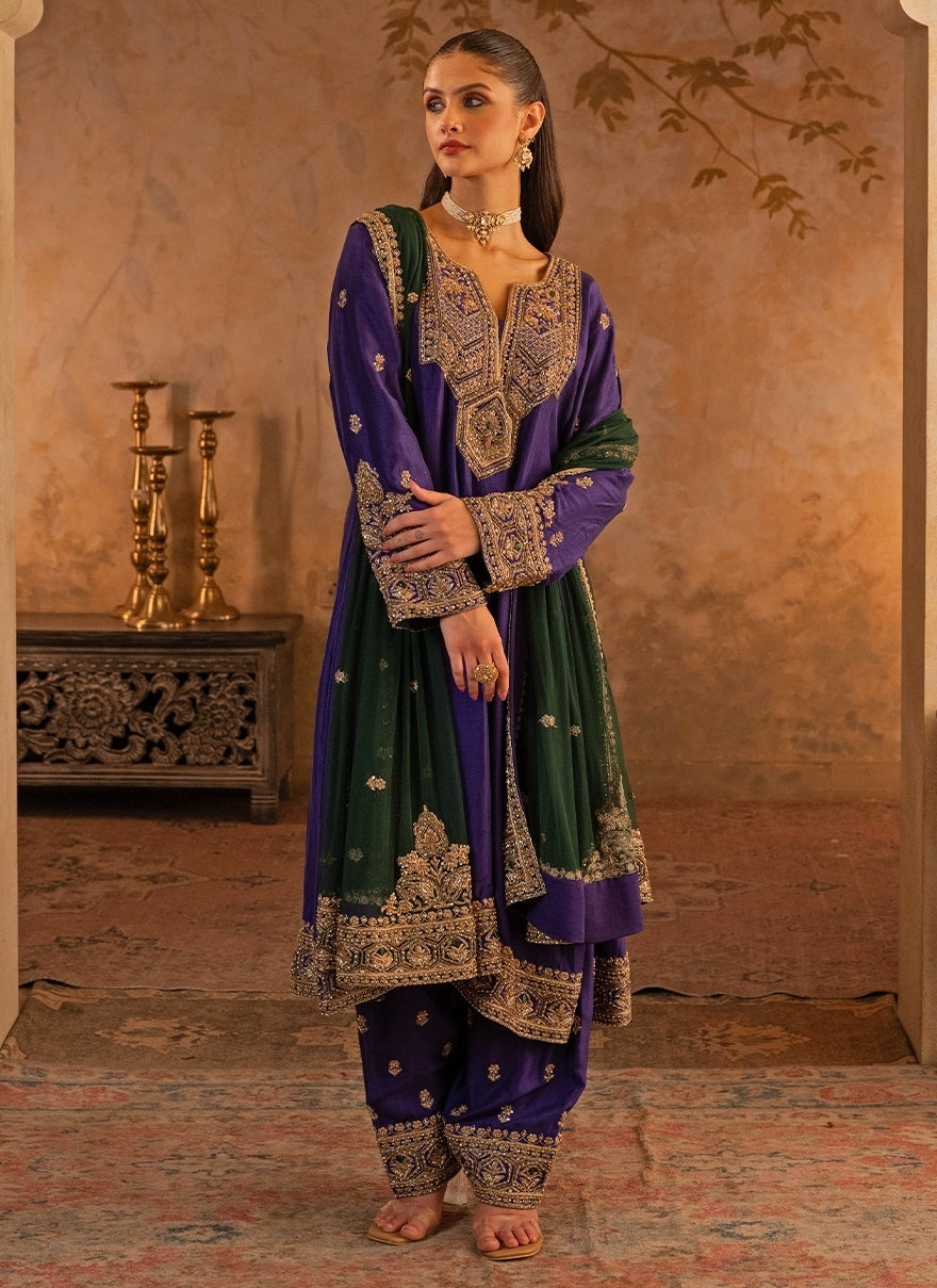 Purple Silk Kurta Pants With Green Dupatta