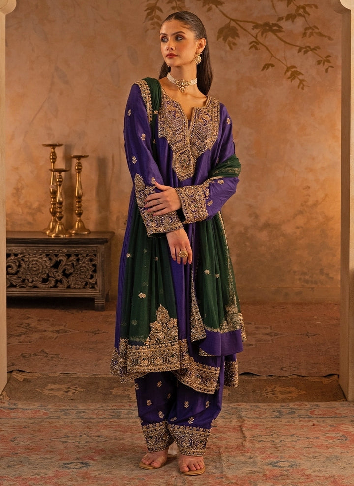 Purple Silk Kurta Pants With Green Dupatta