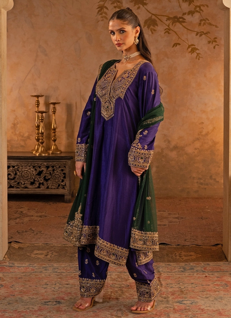 Purple Silk Kurta Pants With Green Dupatta