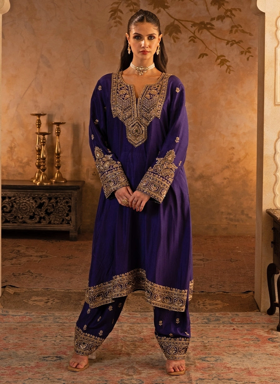 Purple Silk Kurta Pants With Green Dupatta
