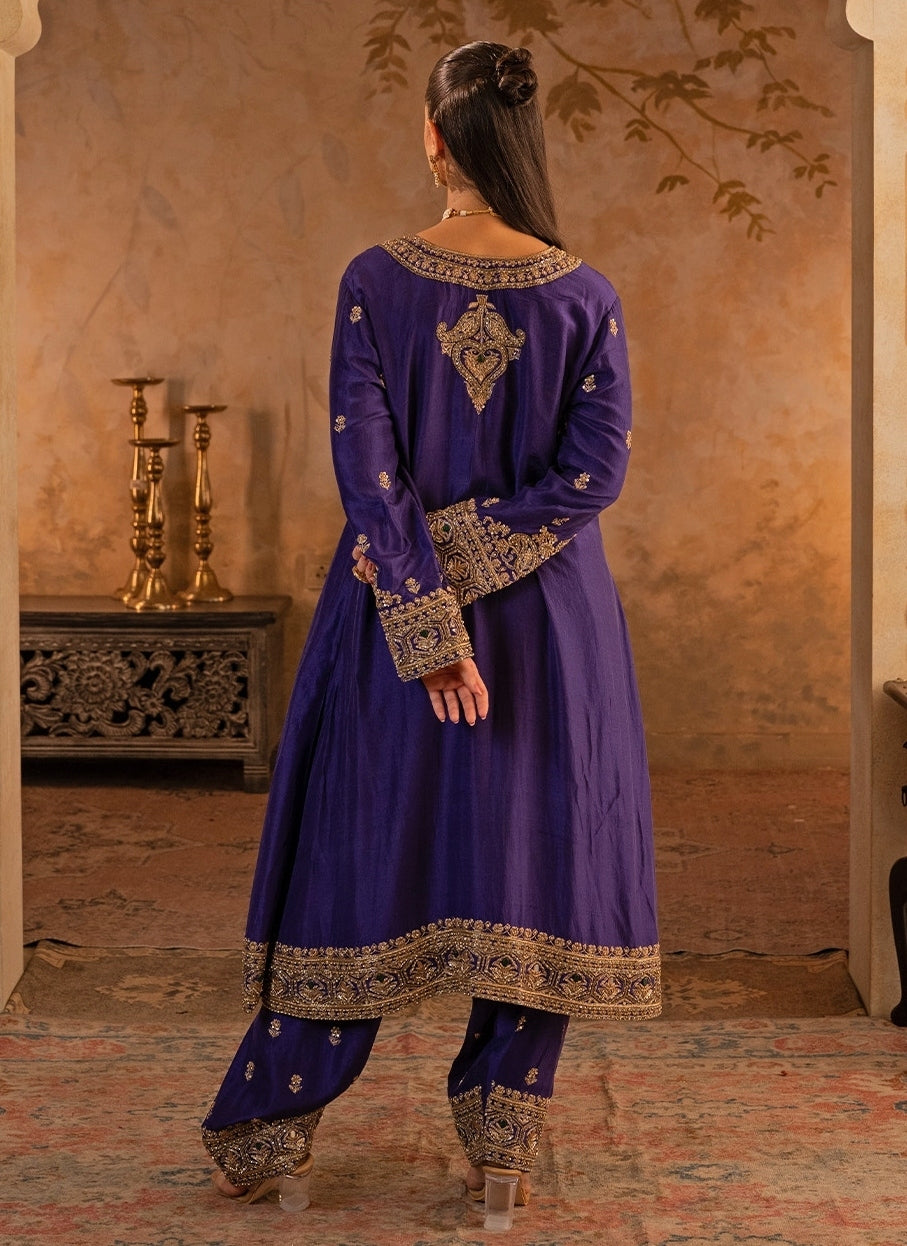 Purple Silk Kurta Pants With Green Dupatta