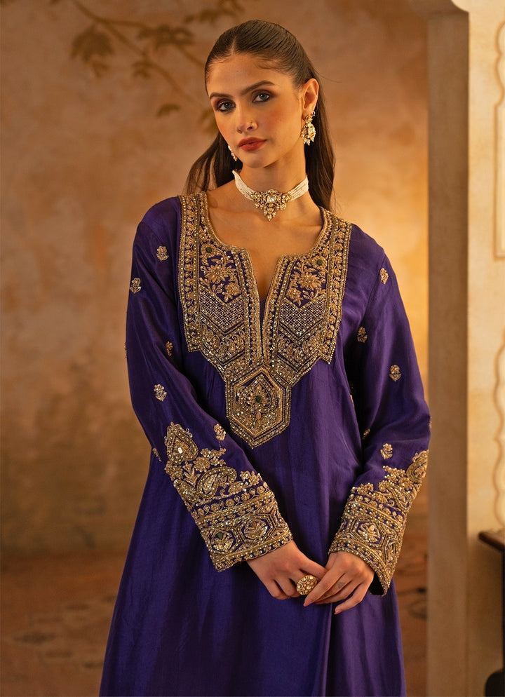 Purple Silk Kurta Pants With Green Dupatta