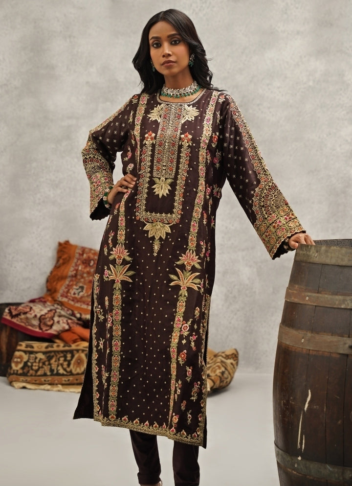 Brown Embroidered Silk Kurta Set