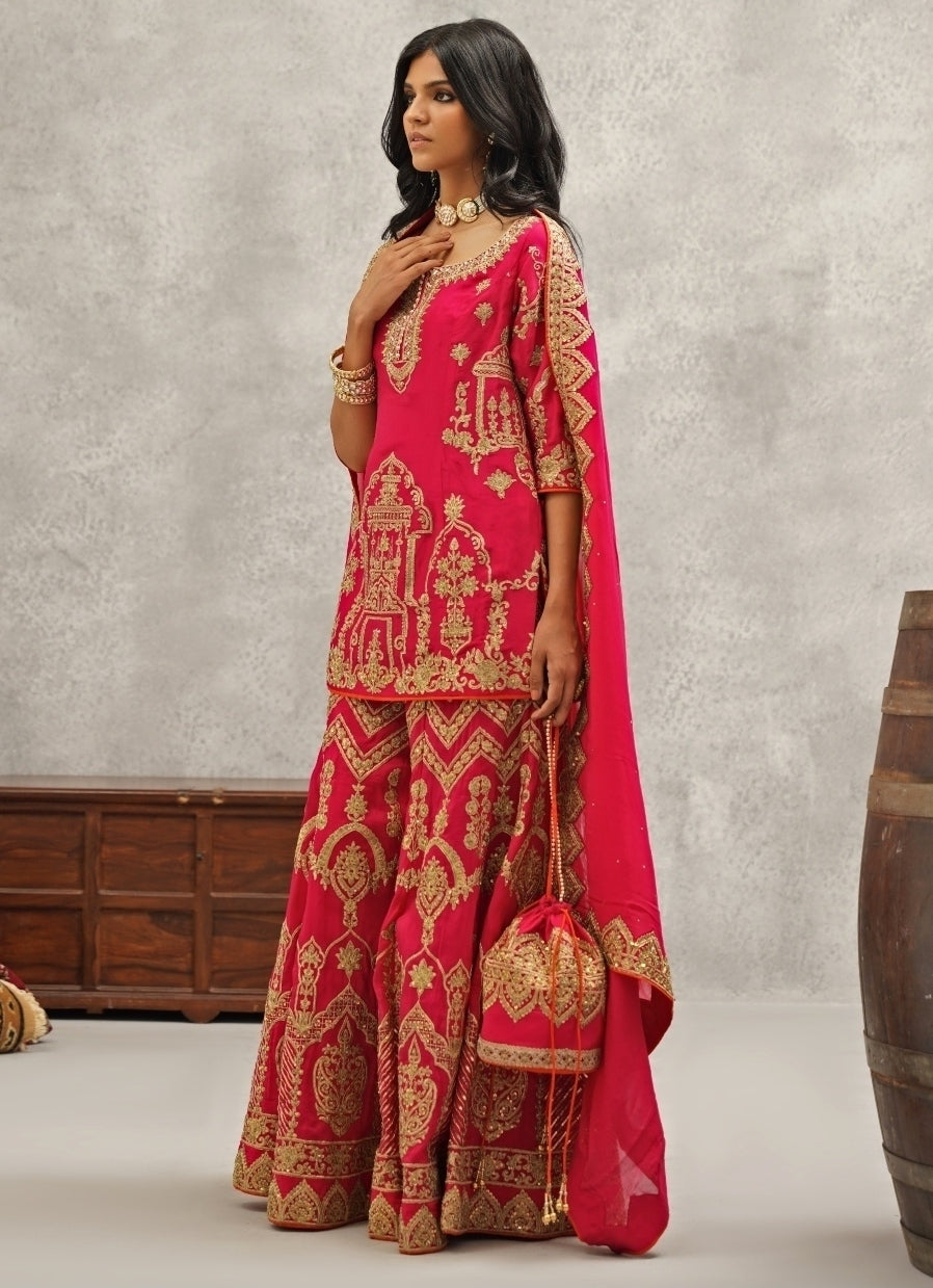 Hot Pink Silk Embroidered Kurta Sharara Set
