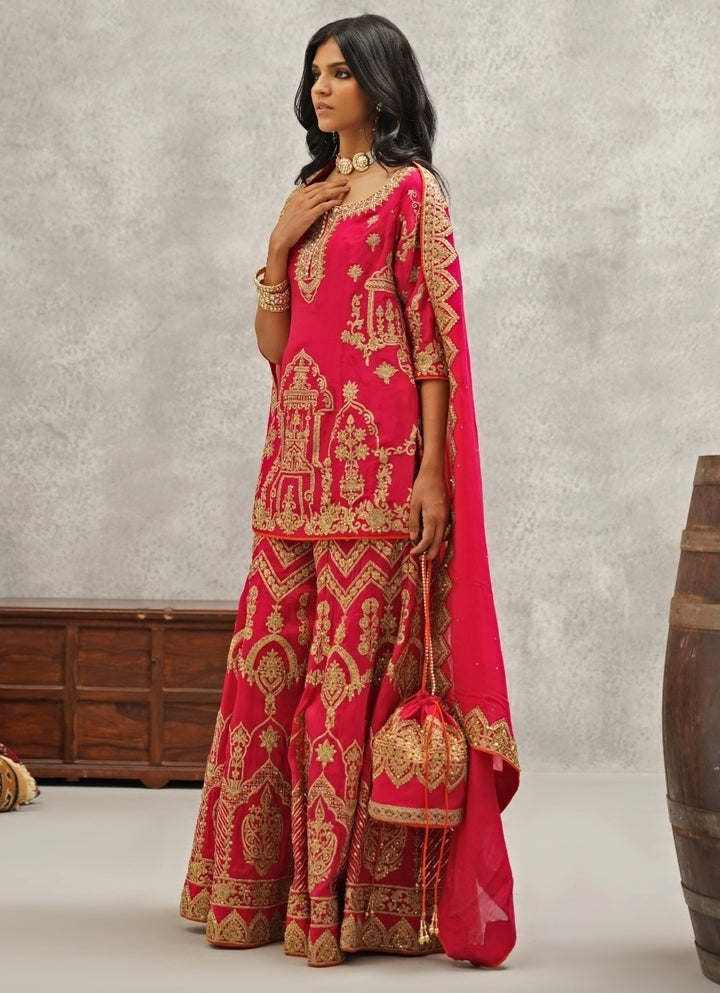 Hot Pink Silk Embroidered Kurta Sharara Set