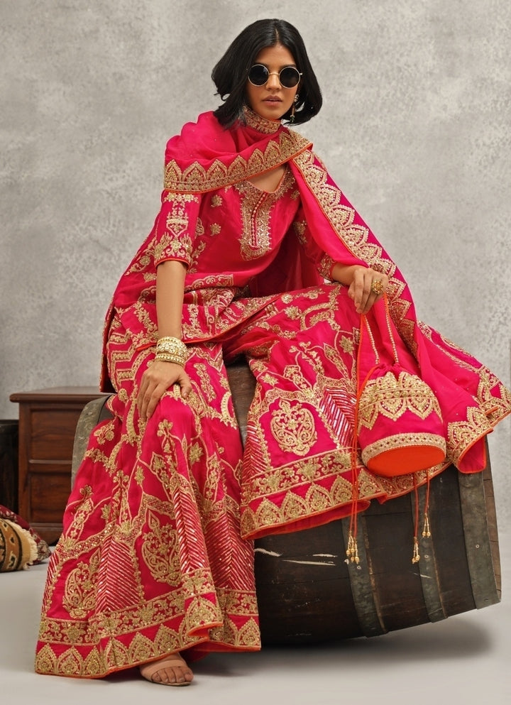 Hot Pink Silk Embroidered Kurta Sharara Set