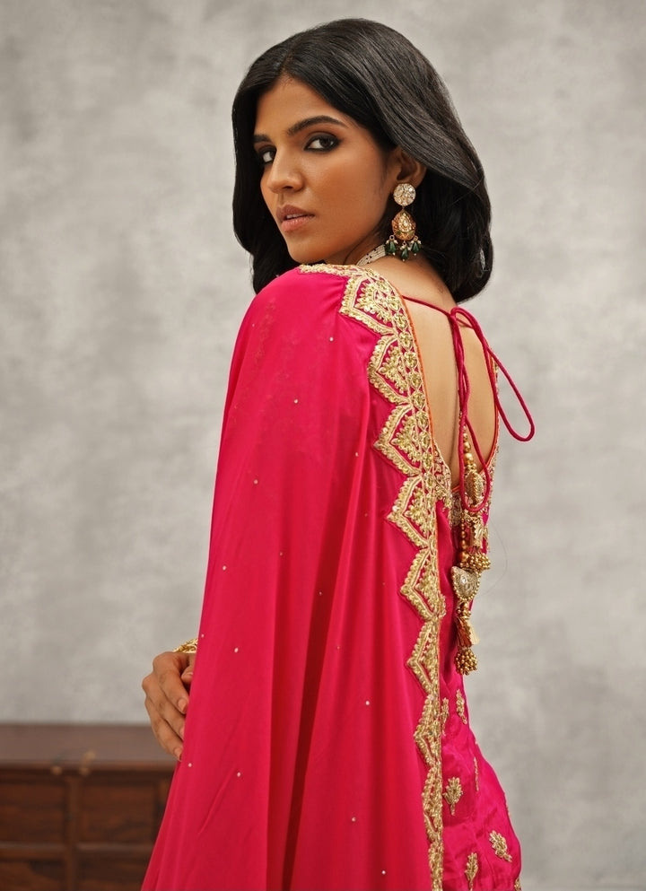 Hot Pink Silk Embroidered Kurta Sharara Set