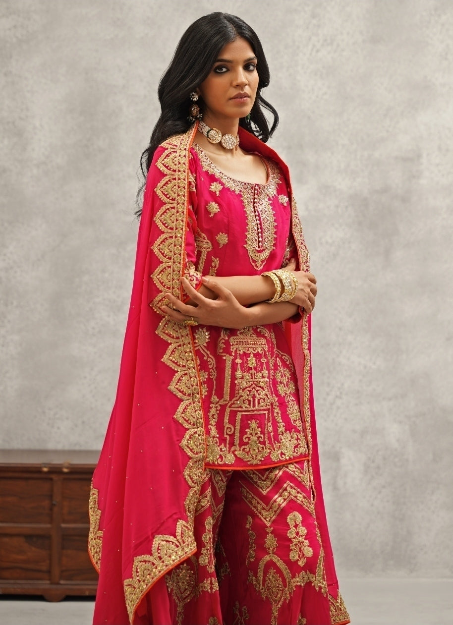 Hot Pink Silk Embroidered Kurta Sharara Set