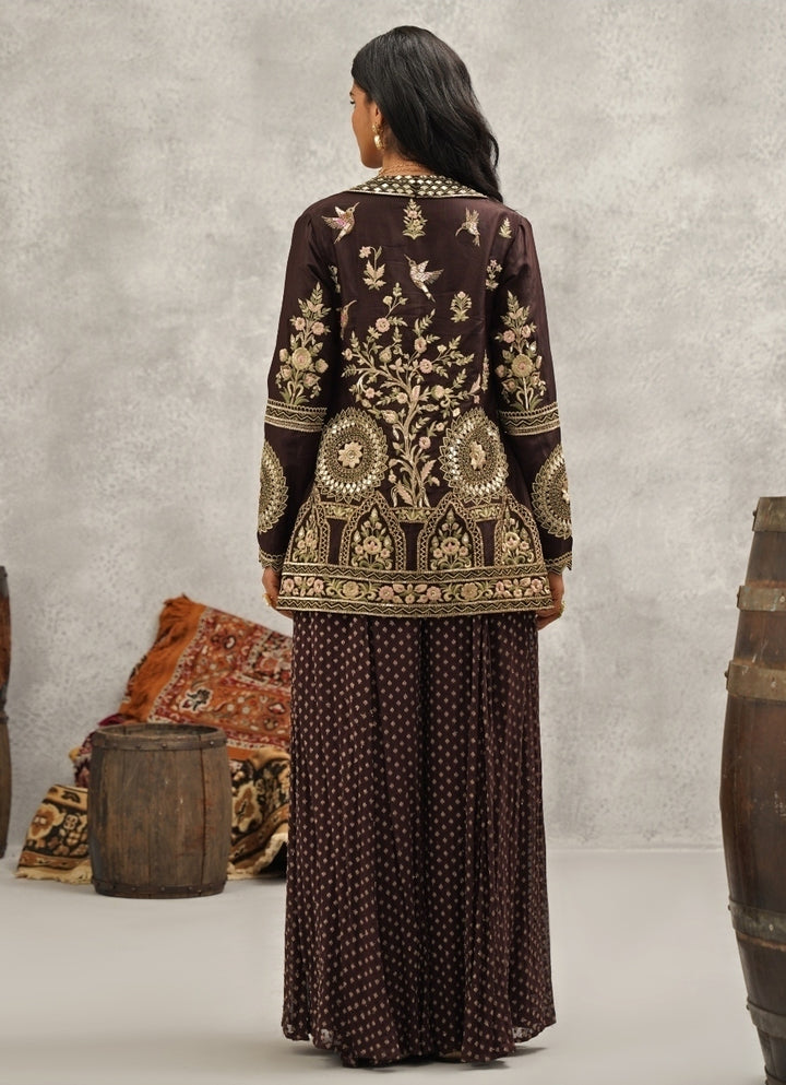 Brown Embroidered Silk Jacket Sharara Set