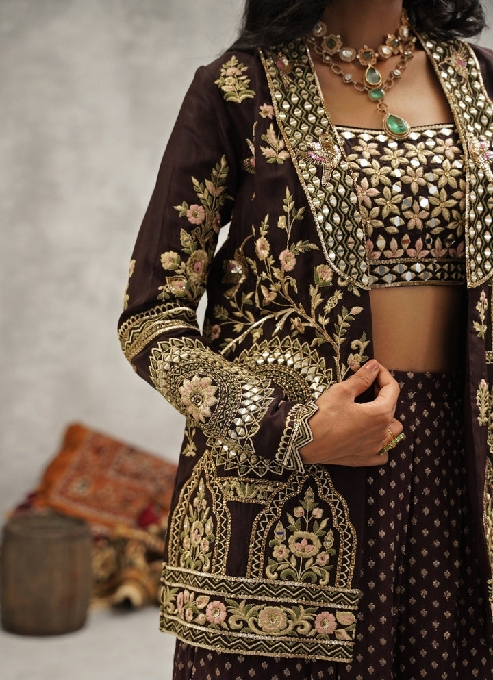 Brown Embroidered Silk Jacket Sharara Set