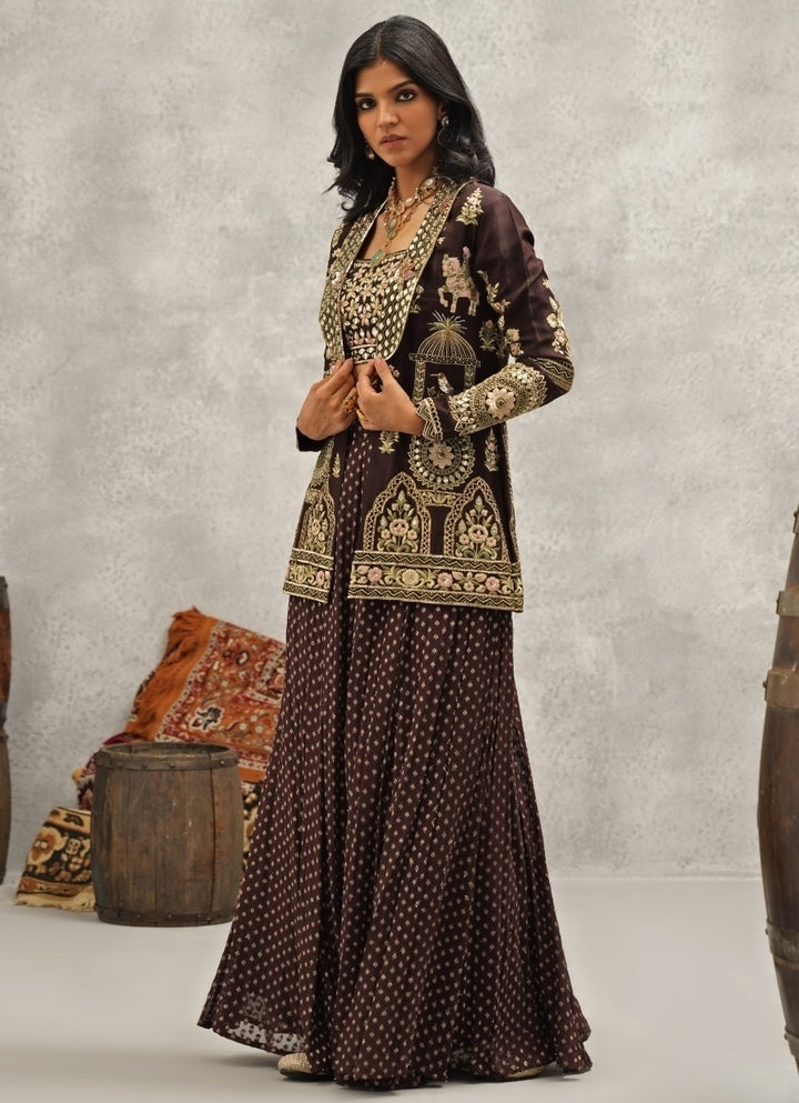 Brown Embroidered Silk Jacket Sharara Set