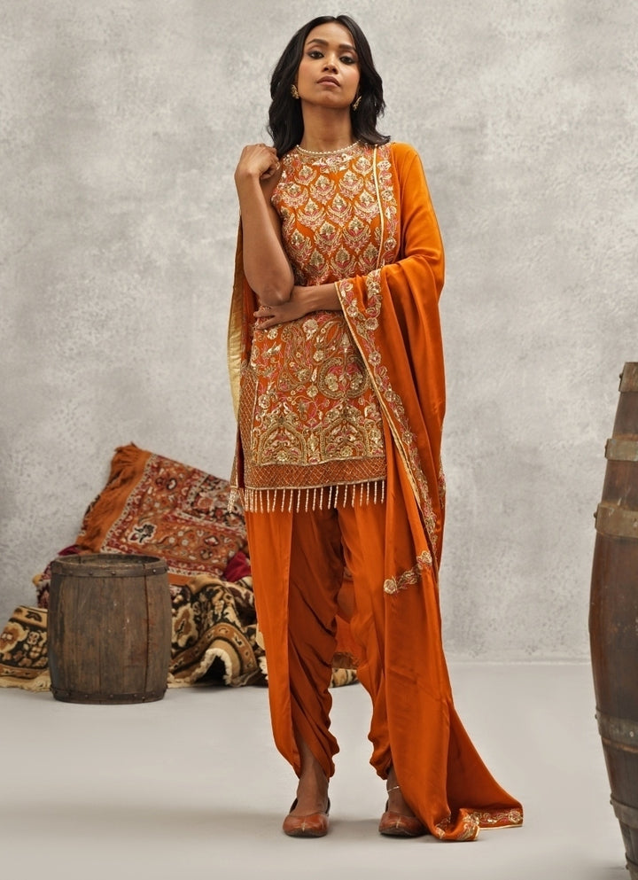 Orange Crepe Embroidered Kurta With Dhoti Pants