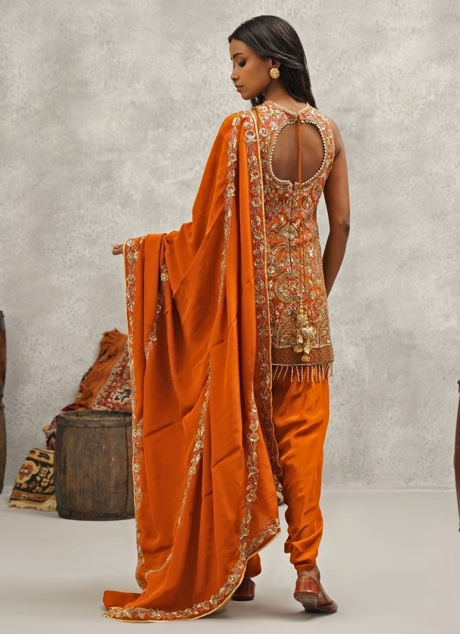 Orange Crepe Embroidered Kurta With Dhoti Pants