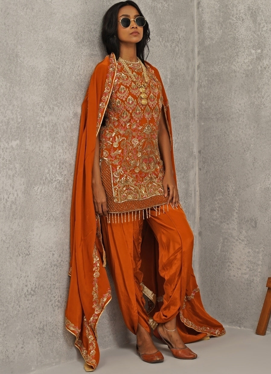 Orange Crepe Embroidered Kurta With Dhoti Pants