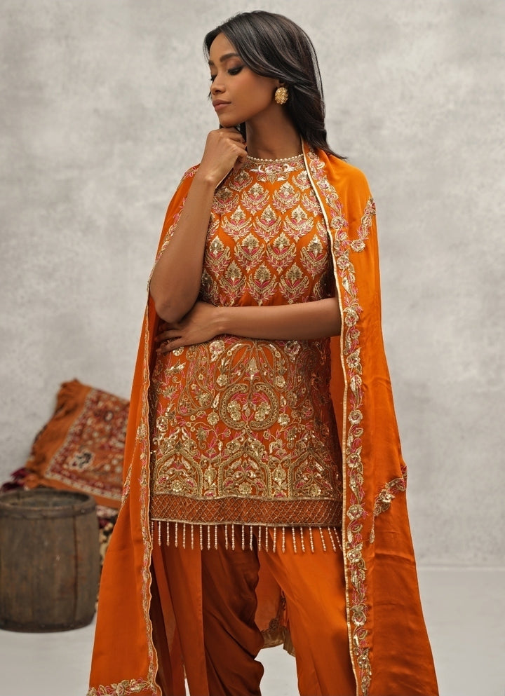 Orange Crepe Embroidered Kurta With Dhoti Pants