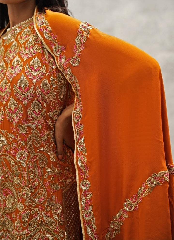 Orange Crepe Embroidered Kurta With Dhoti Pants