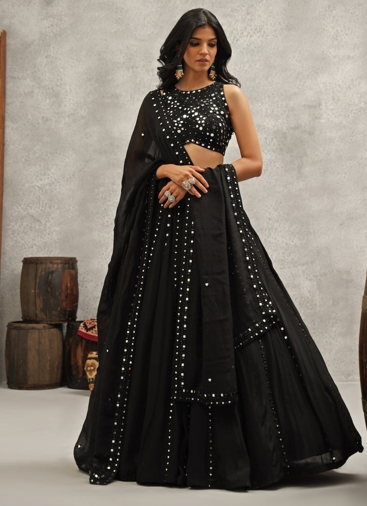 Black Embroidered Crepe Lehenga Set