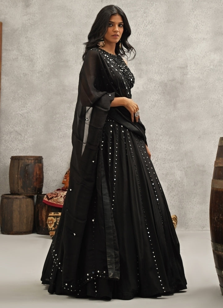 Black Embroidered Crepe Lehenga Set