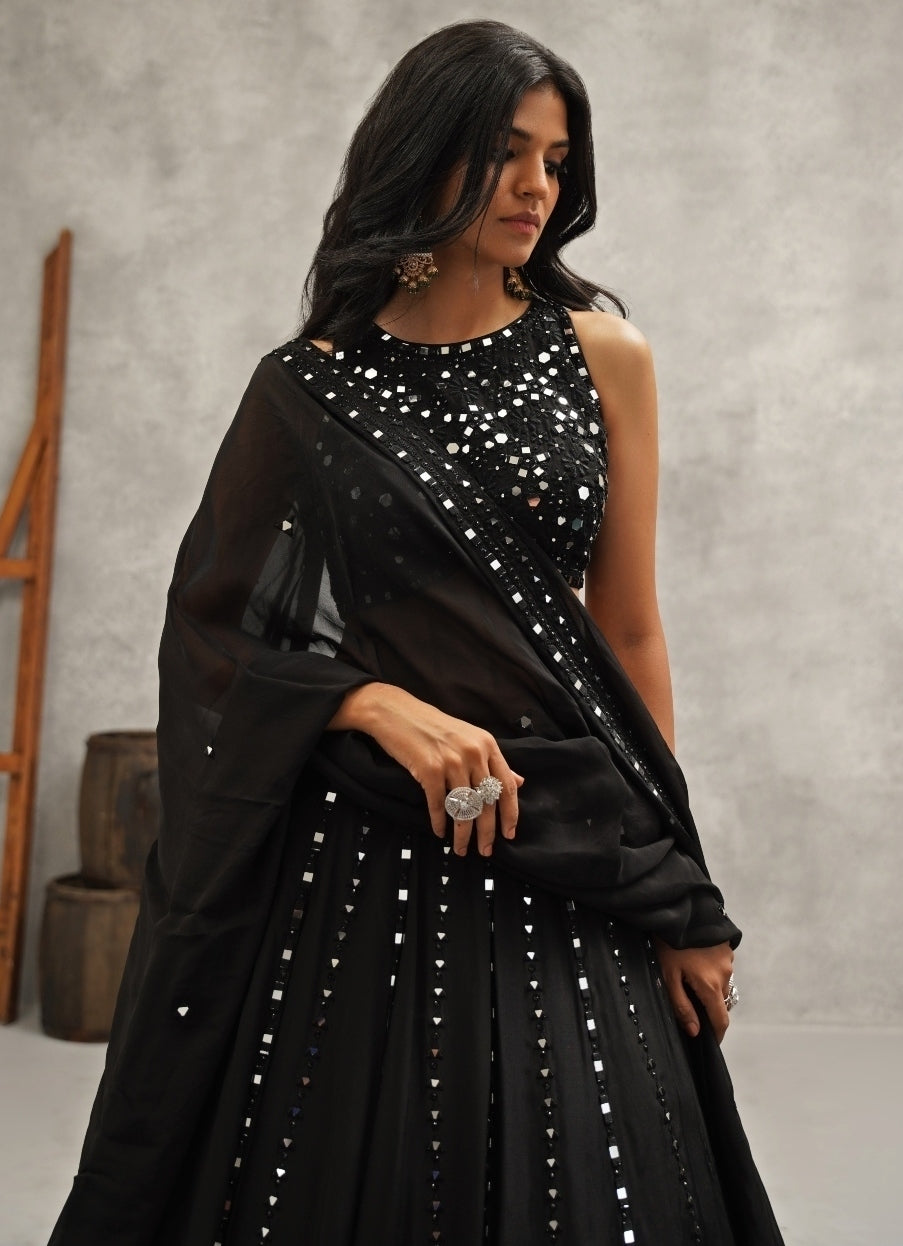 Black Embroidered Crepe Lehenga Set