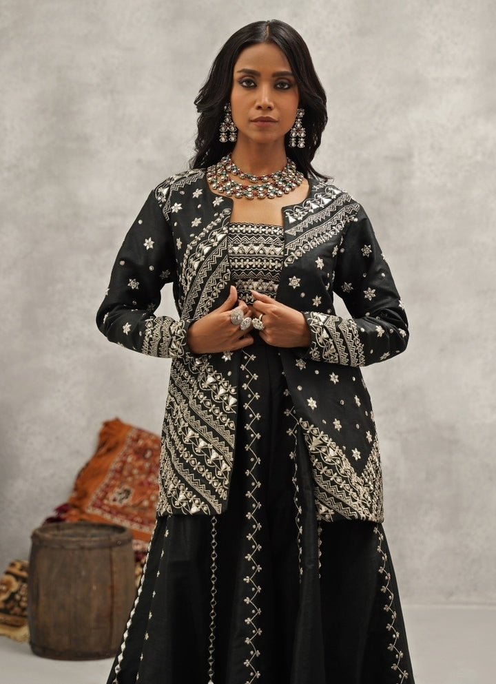 Black Embroidered Silk Jacket Sharara Set