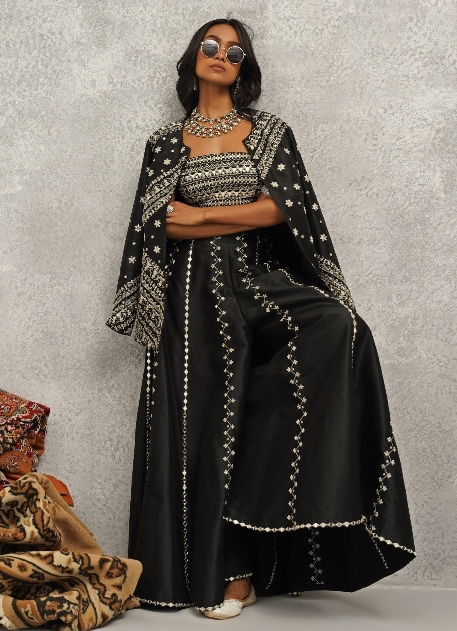 Black Embroidered Silk Jacket Sharara Set