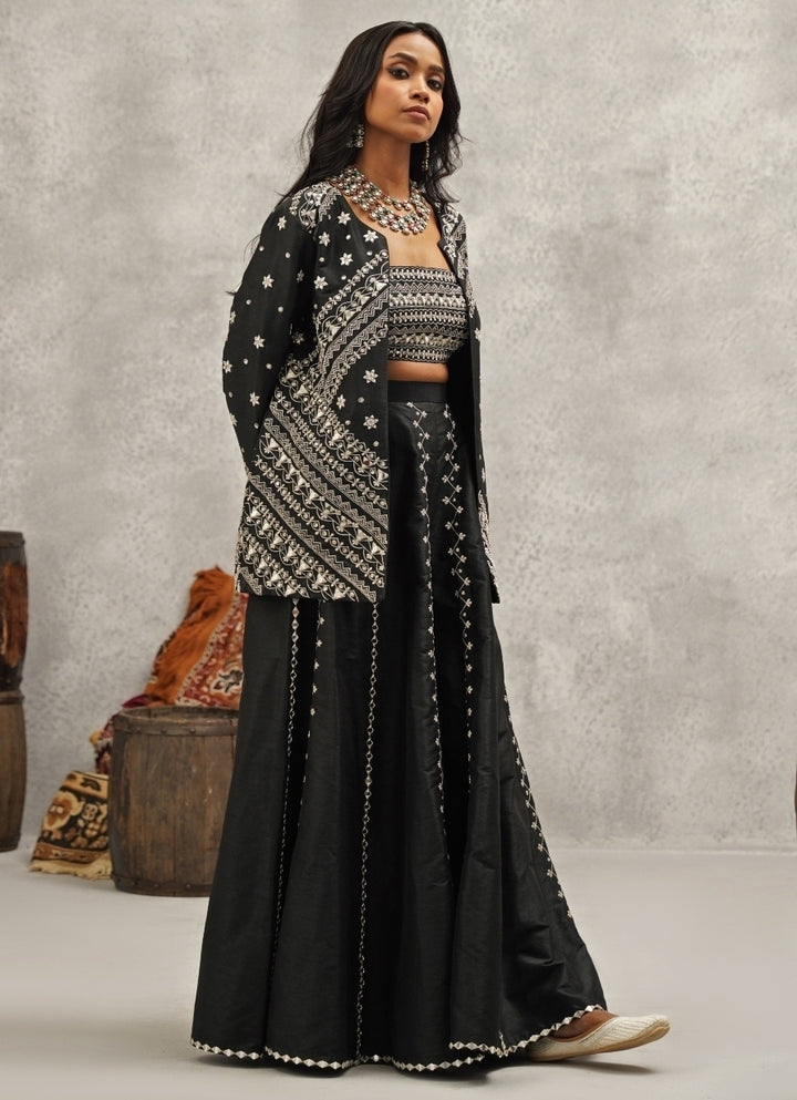 Black Embroidered Silk Jacket Sharara Set