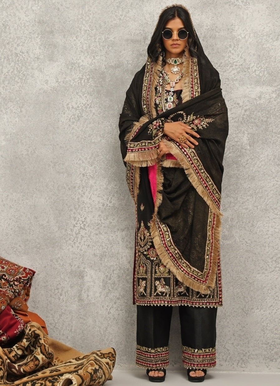 Black Embroidered Silk Kurta Pant Set