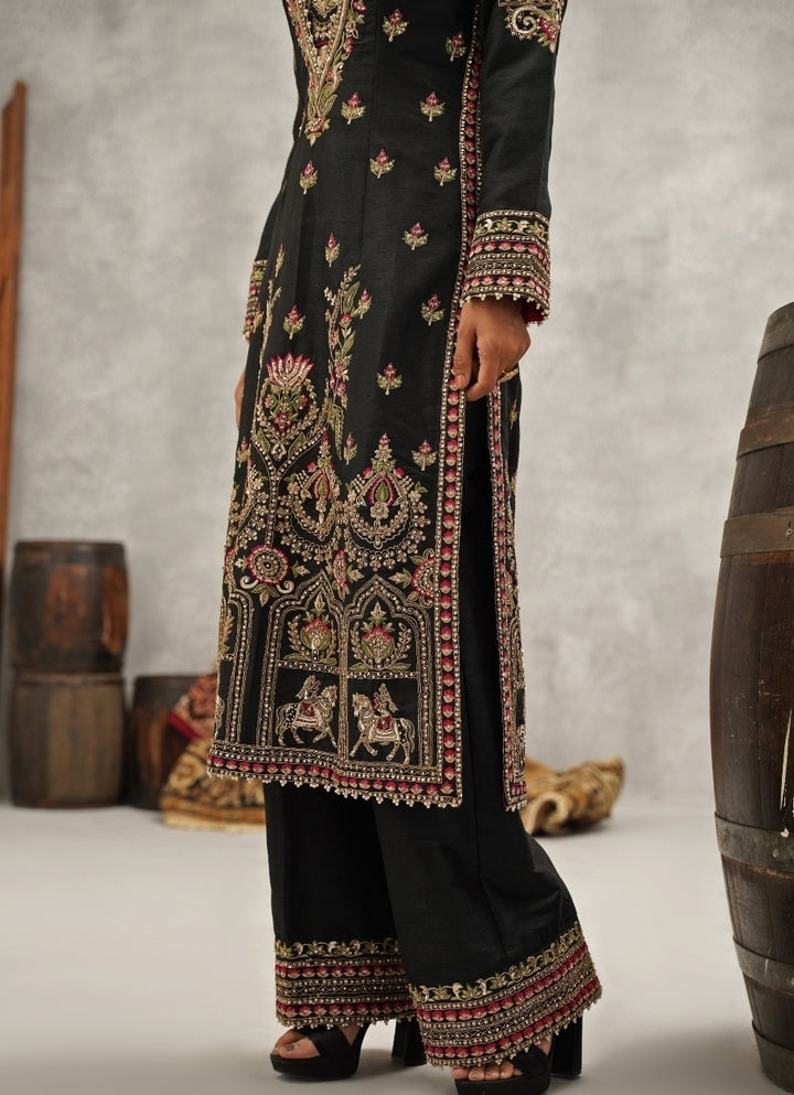 Black Embroidered Silk Kurta Pant Set