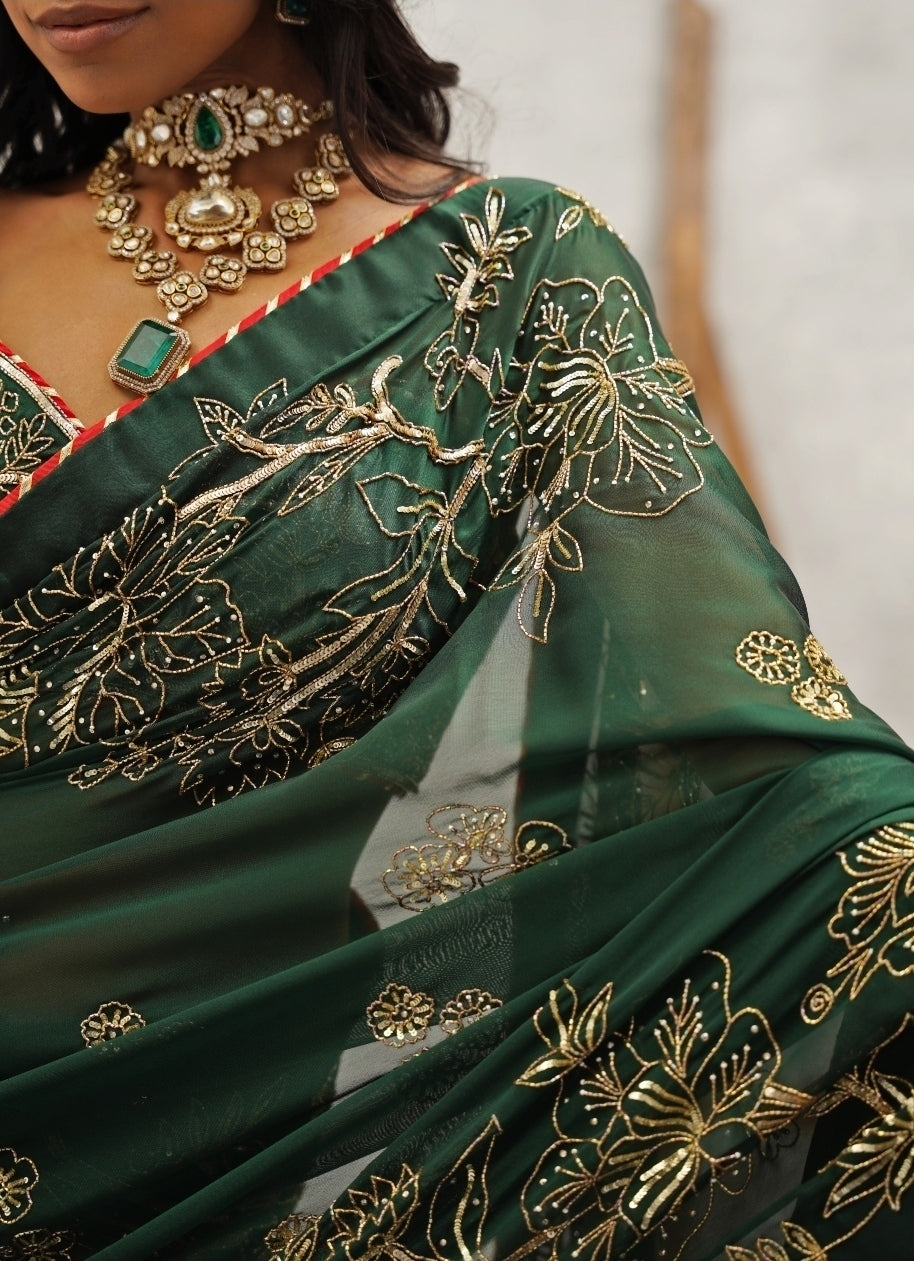 Emerald Green Embroidered Georgette Saree