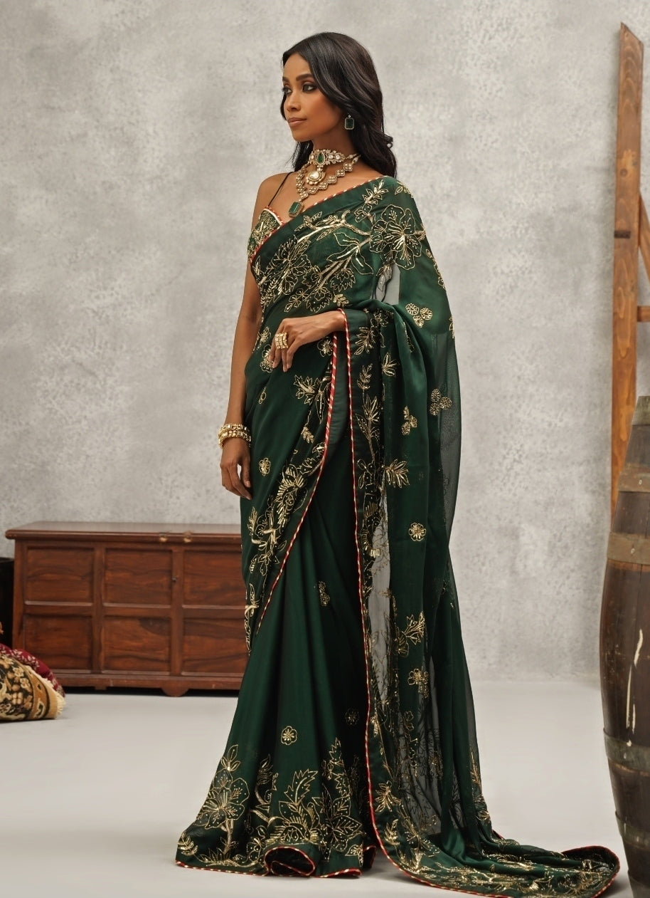 Emerald Green Embroidered Georgette Saree