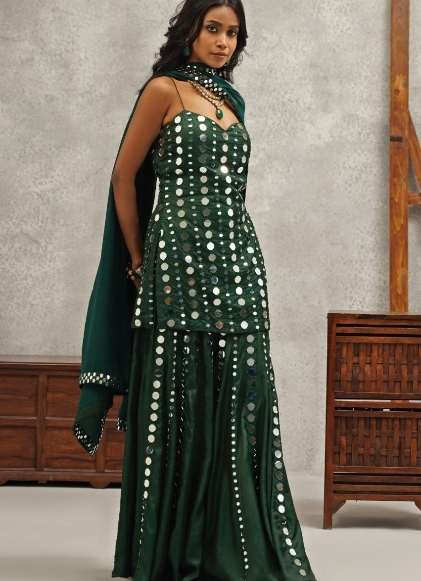 Green Embroidered Silk Sharara Set