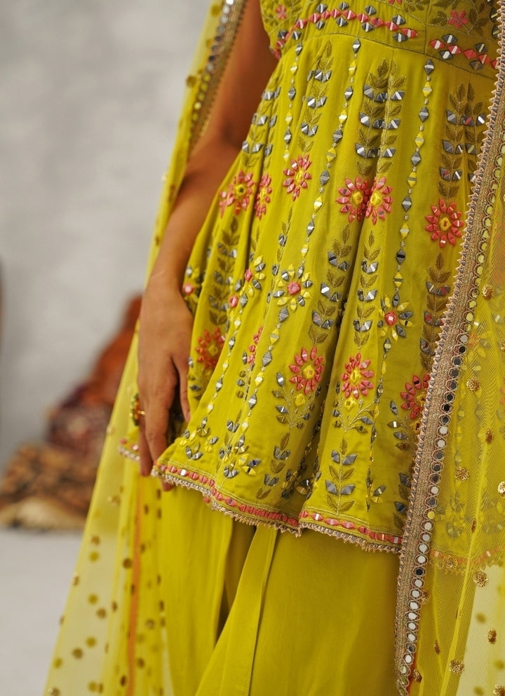 Lime Green Crepe Peplum Kurta With Dhoti Pants