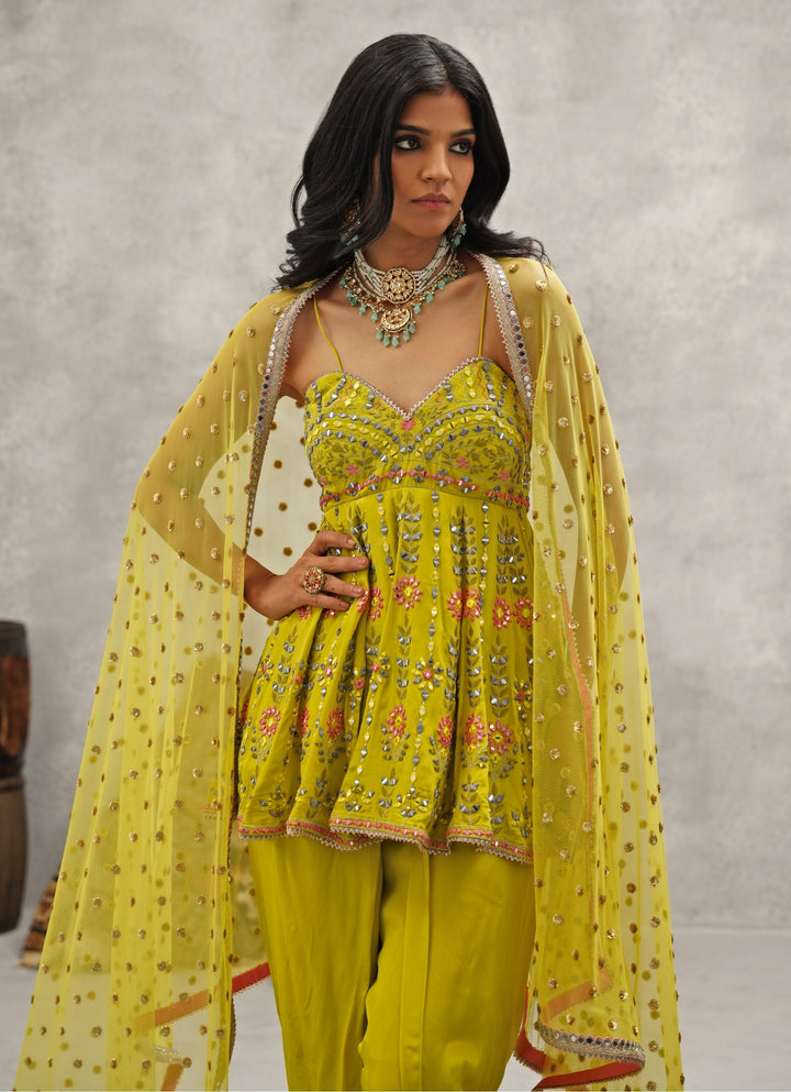Lime Green Crepe Peplum Kurta With Dhoti Pants