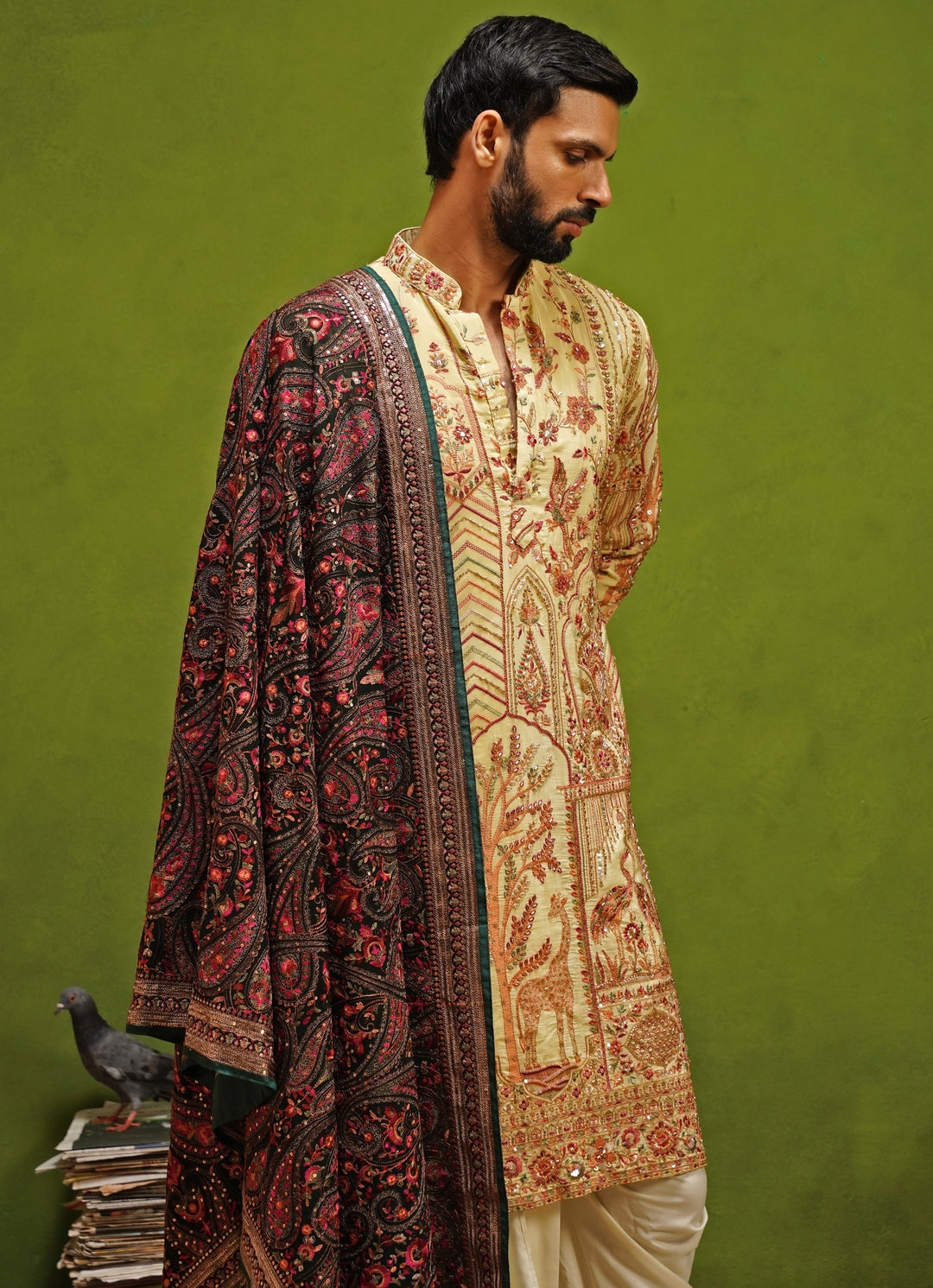 Muted Green Embroidered Georgette Kurta Dhoti Set