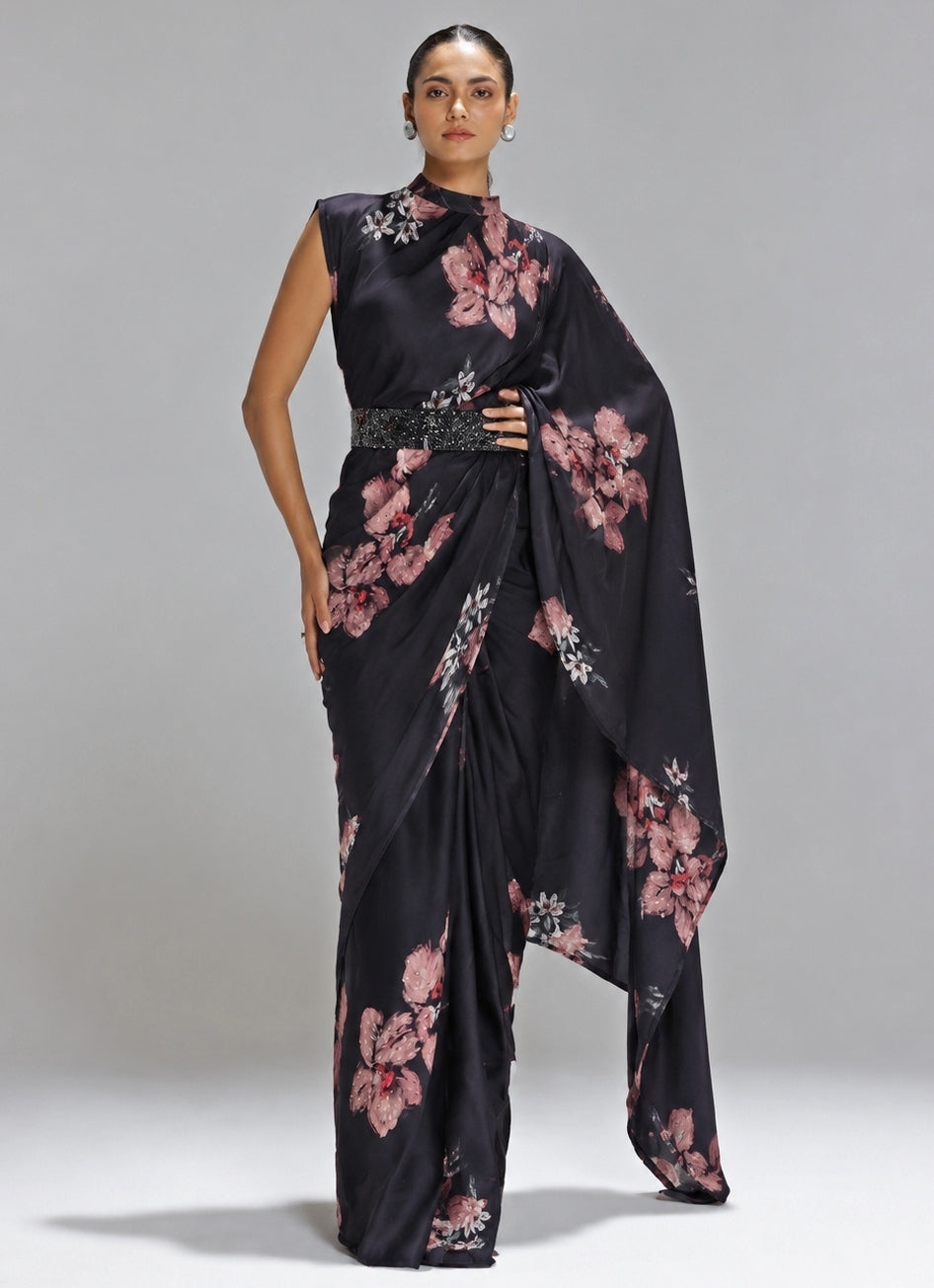 Black Printed Georgette Satin Collar Pallu Pre-Draped Saree