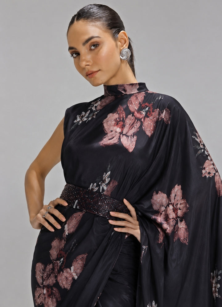 Black Printed Georgette Satin Collar Pallu Pre-Draped Saree